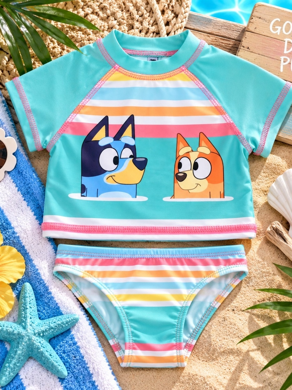NWT Bluey Bingo Pastel Striped Rash Guard 2-Piece Swimsuit Set 12M
